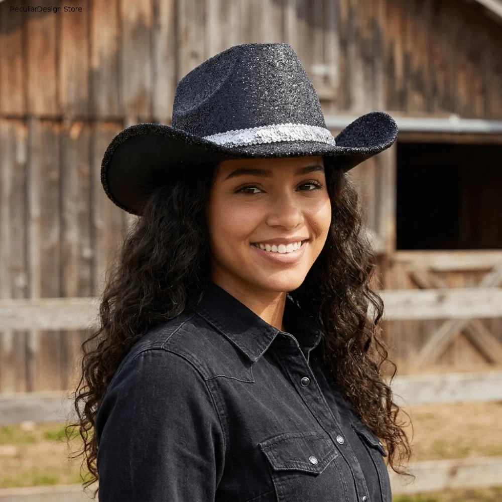 Fashion Sequin Bowler Hat Shimmering Glitter Western Cowboy Hat Fedoras Hat Jazz Hat Cowgirl Hat Women