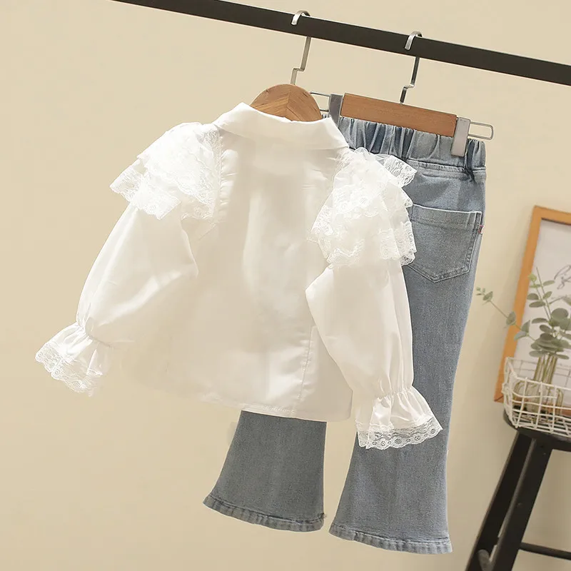 Girls Set Spring and Autumn New Korean Fashion Lace Doll Collar Shirt Bow Jeans Two Piece Set Kids Clothes Girls
