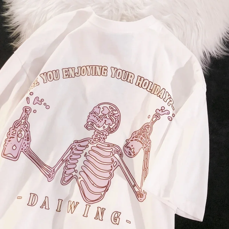 Kawaii Harajuku Women T Shirt Skeleton Printed Funny Oversized T-shirt Female Tops Vintage Streetwear Y2k Fashion Top Tee