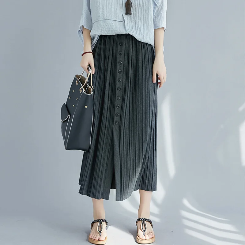 Nouveau 2025 Style coréen bouton plissé mi-longue jupe femmes automne Vintage ample décontracté coton jupes
