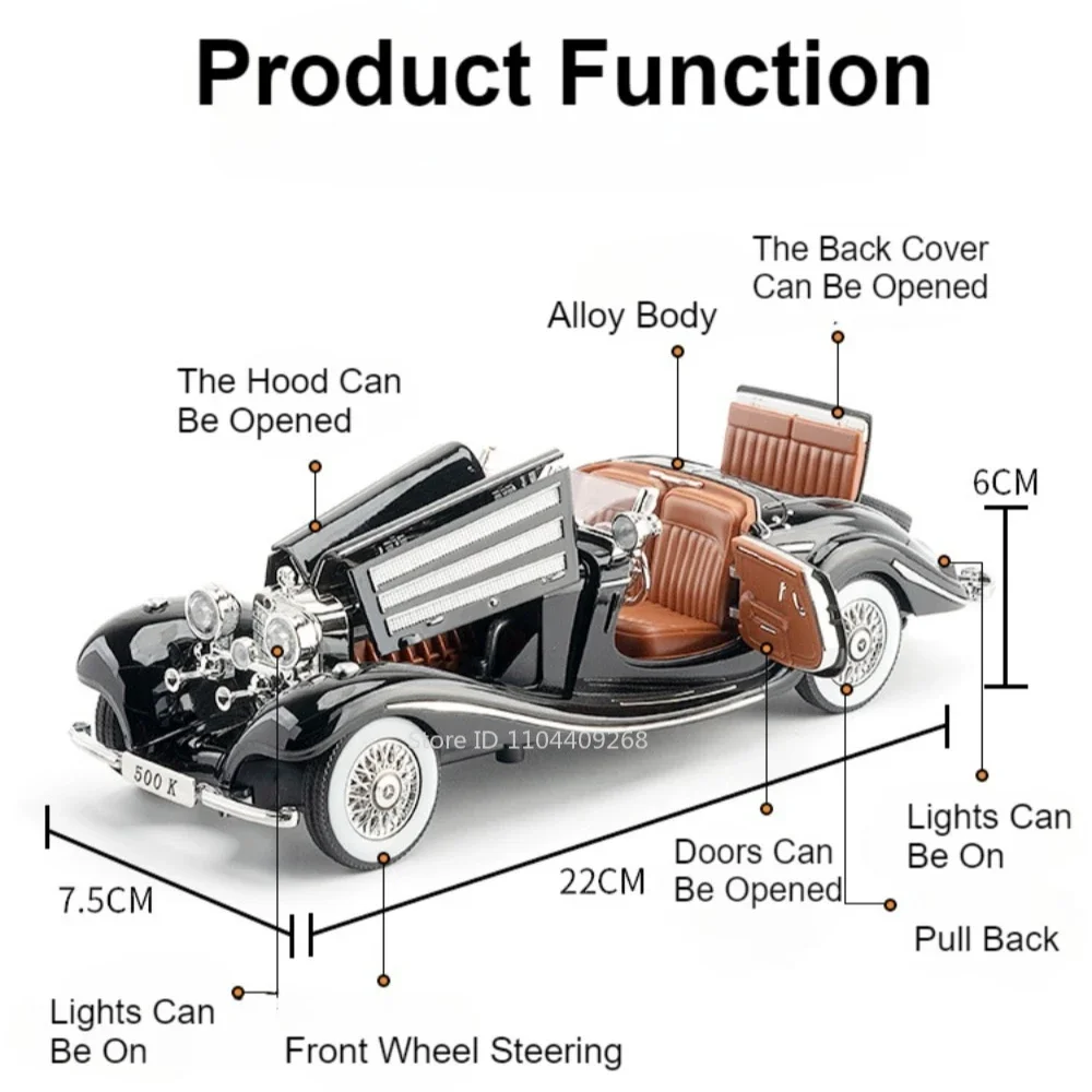 1:24 Schaal 500K 300SL Vintage Auto Speelgoed Model Legering Diecast Deuren Geopend Geluid Licht Trek Miniatuur Modellen Hobby Ornament