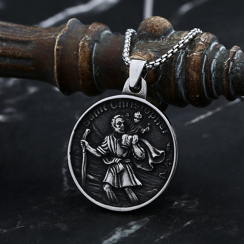 Vintage Stainless Steel Saint Chris Topher Necklace For Men Gothic Chain Saint Christopher Protect Us Jewelry Pendant Necklace