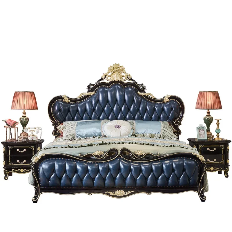 European leather bed, all solid wood carved master bedroom 1.8 meters double luxury wedding bed style high-end simple