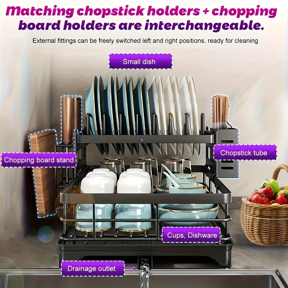 Space Saving Black 2-Tier Dish Rack Carbon Steel Large Capacity Rustproof Dish Drainer Set with Utensil &Chopping Board Holder