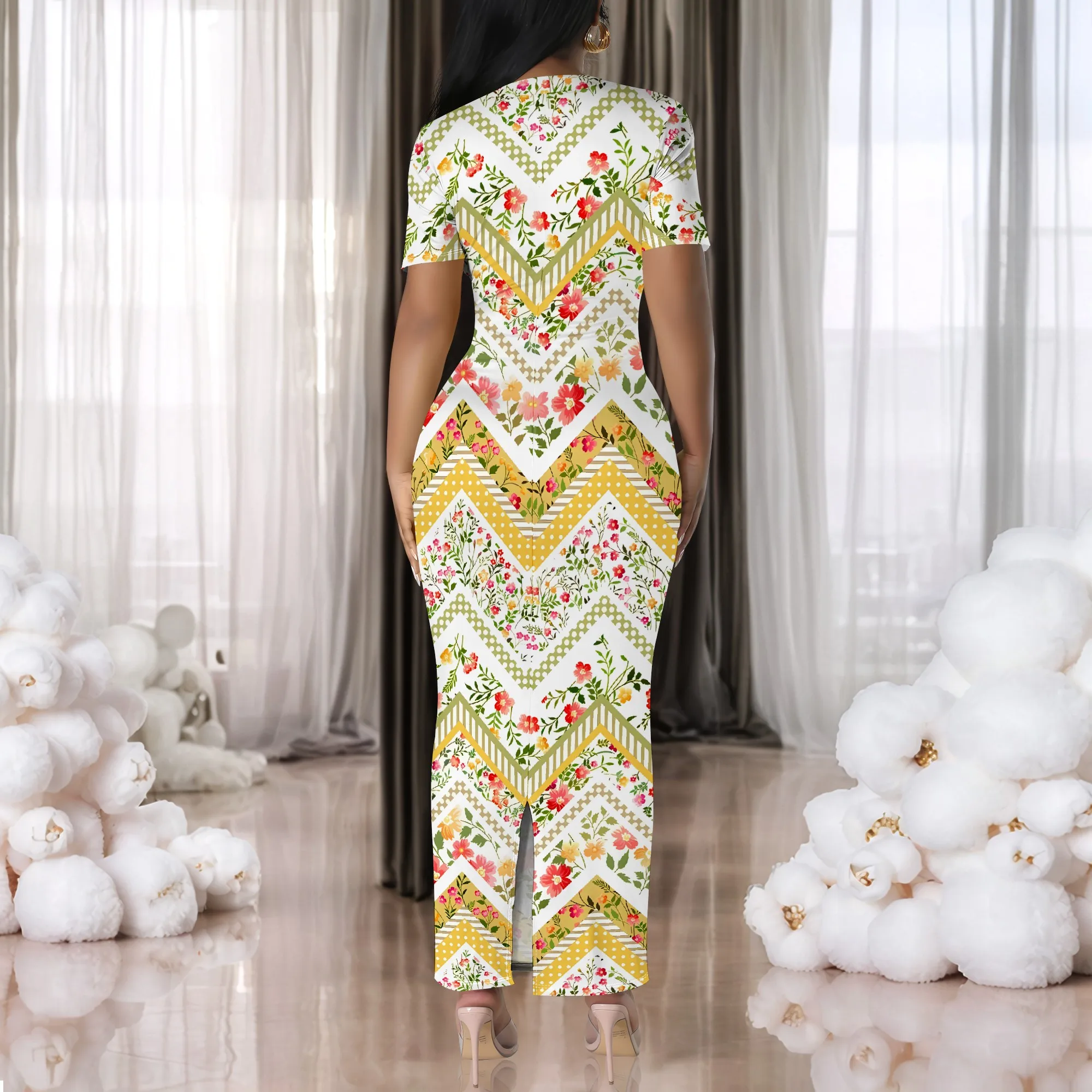 Nupusa ดอกไม้ Chevron พิมพ์ชุดผู้หญิงขนาดมาตรฐานฤดูร้อนสบายๆสแควร์คอแขนสั้น Maxi Dress