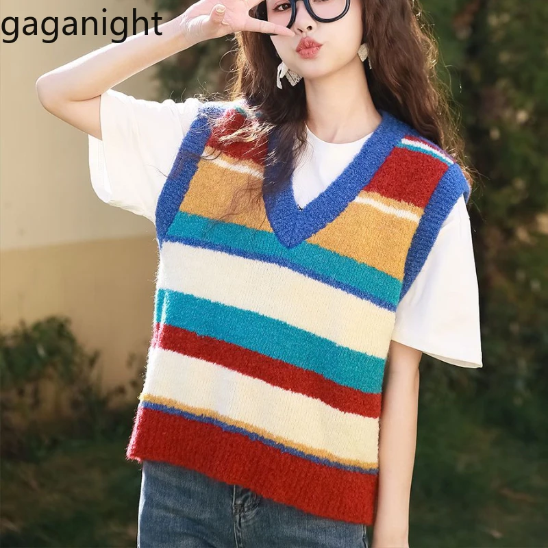 Gaganight Women Rainbow Striped Outerwear Sweater Vest 2024 Spring Autumn New Korean Chic Women's Stacked Thin V neck Top Female