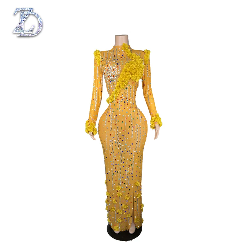 ชุดเดรสงานเลี้ยงหรูหราประดับคริสตัลสีทองระยิบระยับ แบรนด์ ZD Fashon แขนยาว ซิปเปิดด้านหลัง