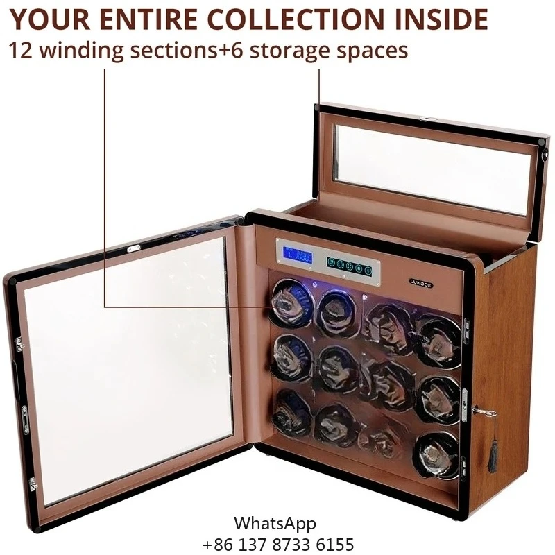 

Wholesale Custom Luxury Battery Transparent 12 Rotating Case High End Quality Wood Display Stand Cabinet Watch Winder Box