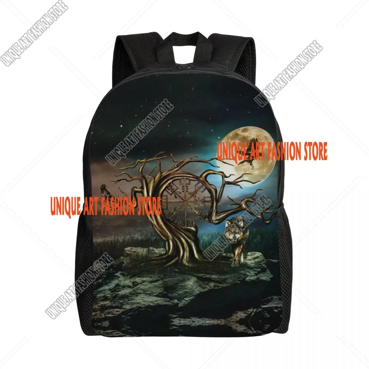 Viking Vegvisir Tree Of Life Backpack for Men School College Student Bookbag Fits 15 Inch Laptop Vikings Valhalla Moon Wolf Bags