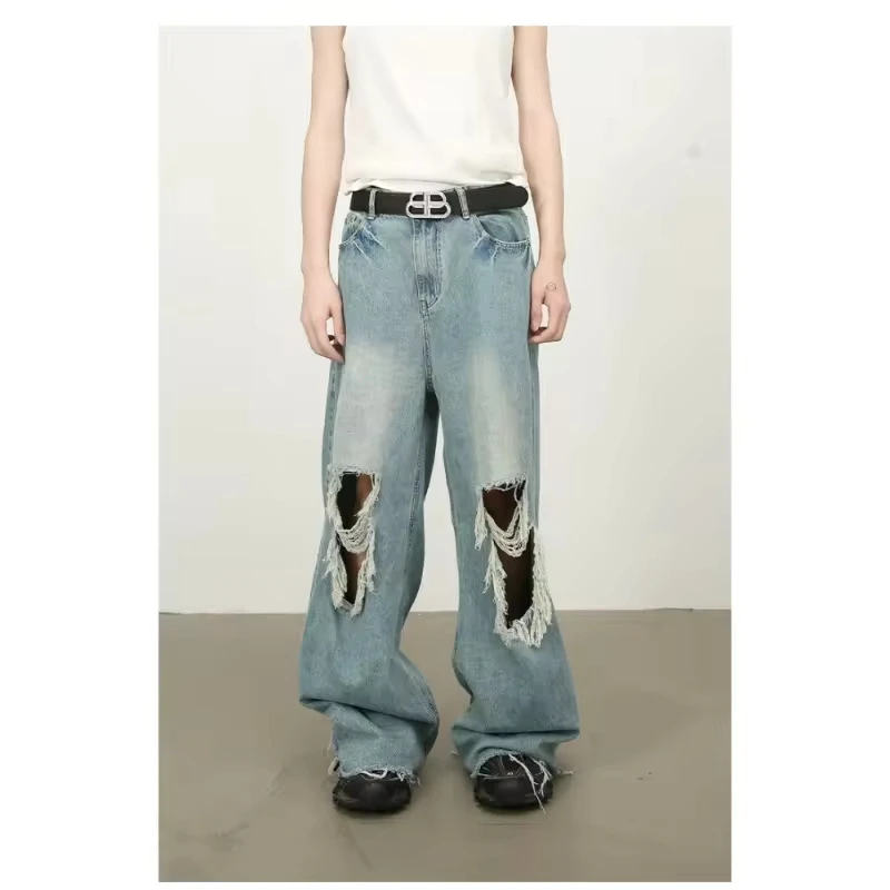 Denim Korean High Street Old Ripped Tassel Wide Legs Loose Straight Mopping Jeans Holes Hand Frayed Vintage Streetwear Y2K
