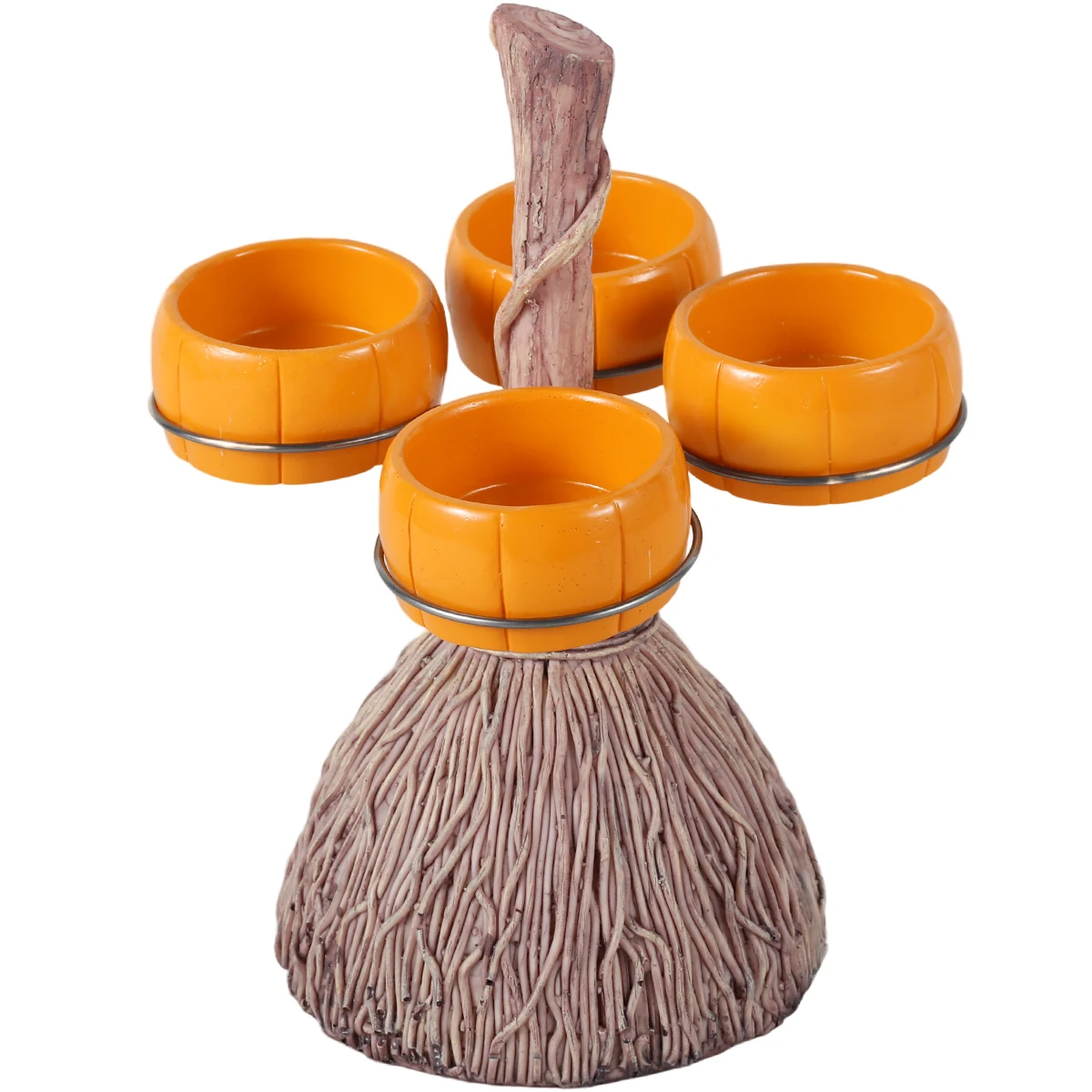 Pumpkin Bowl Stand Broom Pumpkin Snack Plates Rack Halloween Witches Broom Dessert Display Tray with 3/4/6 Bowls Halloween Party