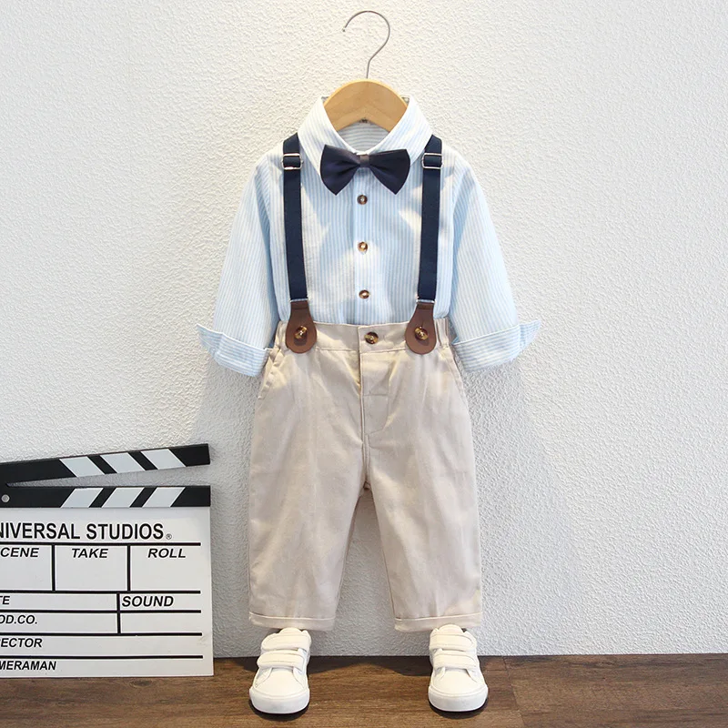 80-150 Russia Boys Summer 4Pieces/Set Shirt Pants Strap Bowtie Suit Children Photography Dress Kids Wedding Birthday Outfit