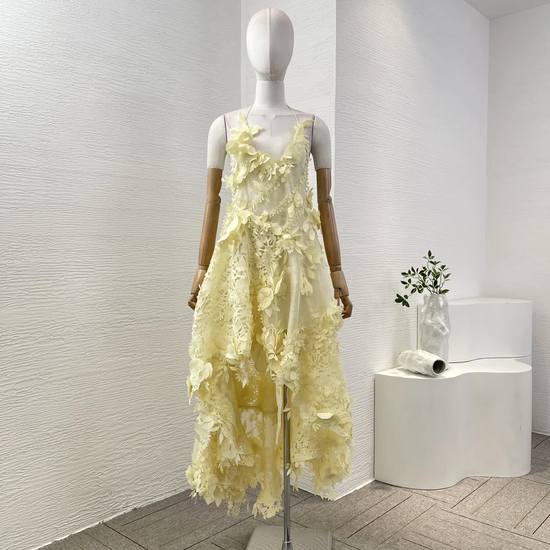 

2025 Women's Fashion Yellow Long Sleeve Halter Flowers Appliqued Irregular Hem Midi Dress