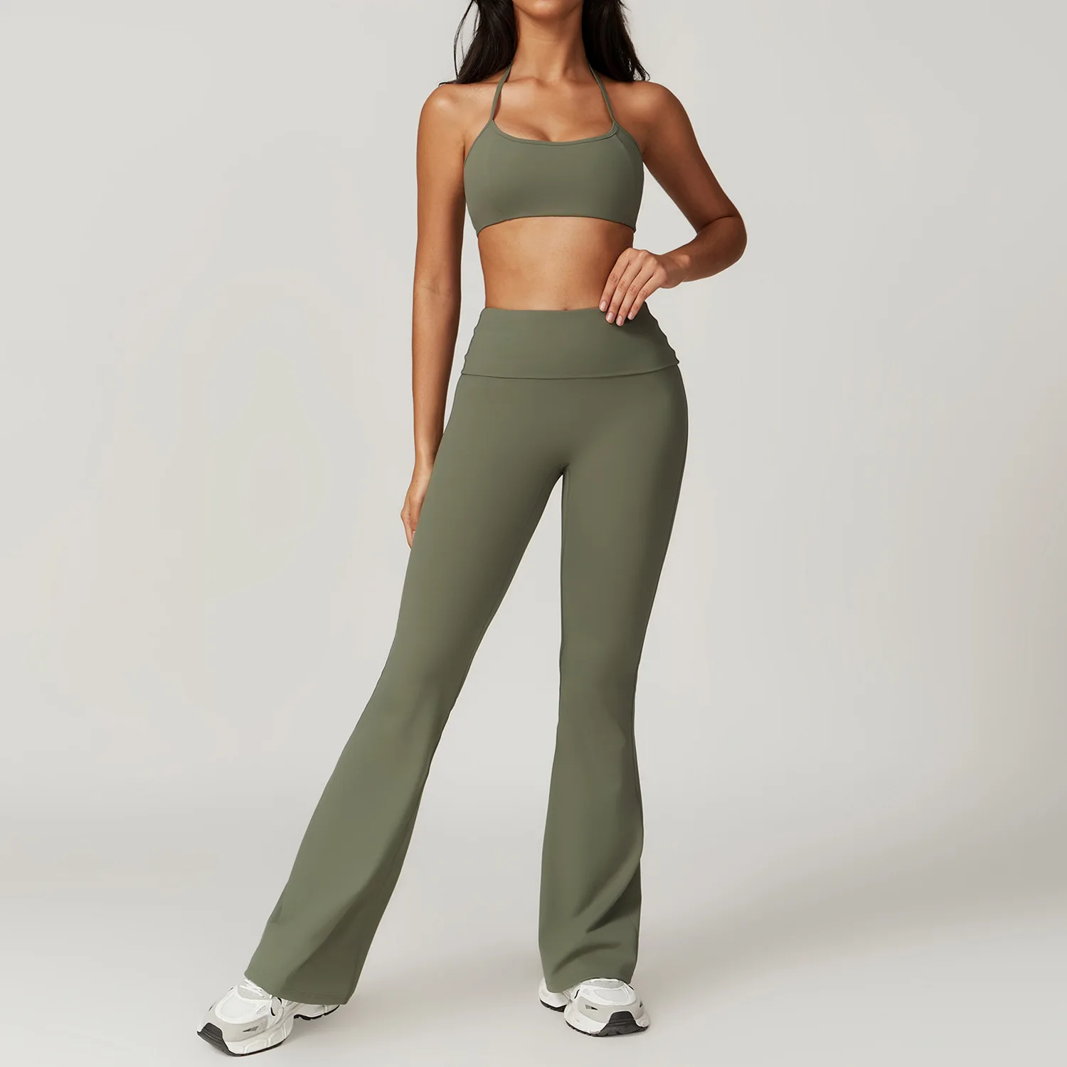 Moditin recém chegados feminino conjunto de yoga sutiã casual calças bonitas falre perna 2 pçs roupas de ginásio esportes high street wear