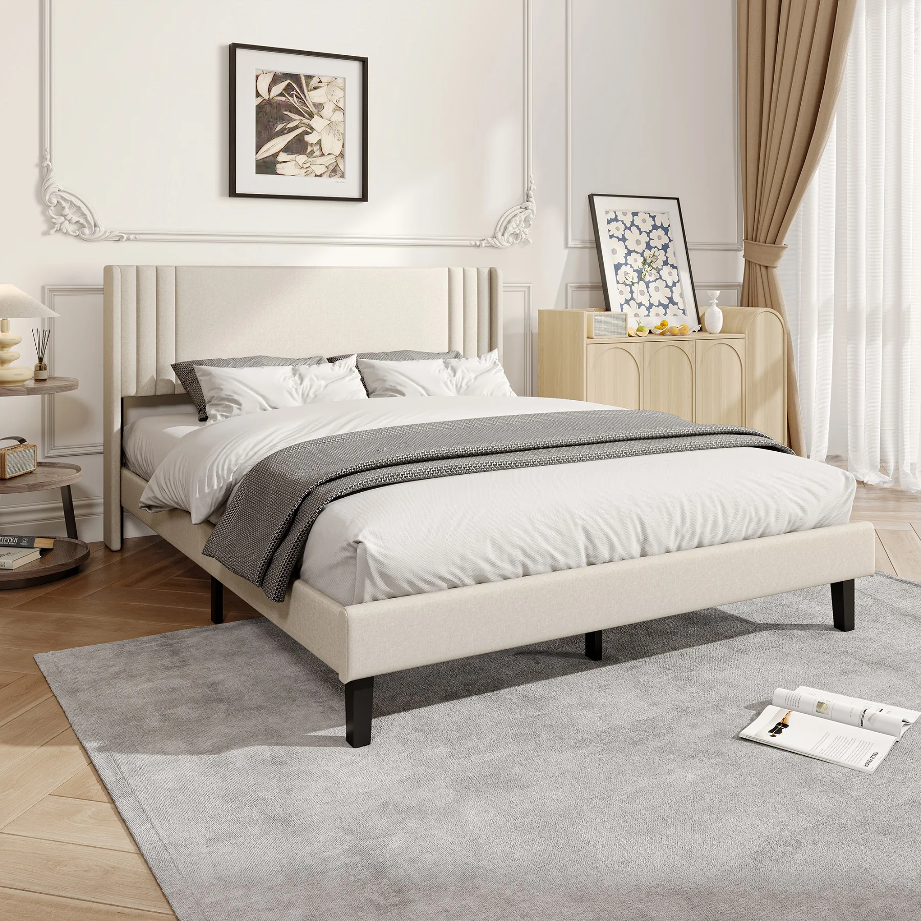 Cama infantil Fangange, cama tapizada de 90/140/160x200 cm, estructura de cama doble con somier y cabecero, lino, sin colchón
