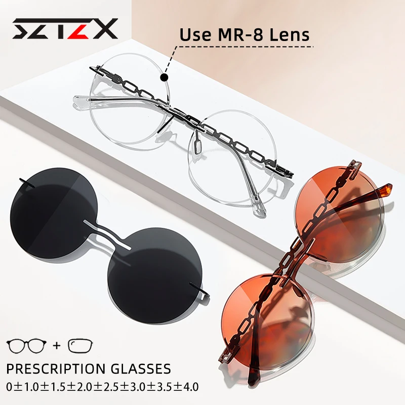 

SZTZX Ultralight Rimless Myopia Sunglasses Magnet Clip Reading Eyewear with Polarized Lens Women Round Prescription MR-8 Glasses