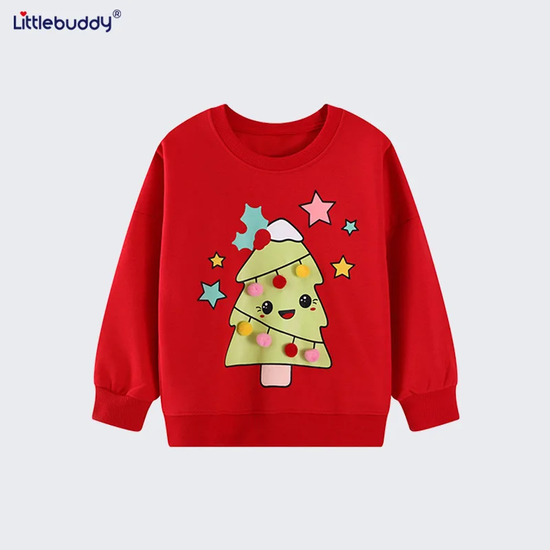 

Children's clothing Christmas Cute Round Neck Solid Color Cartoon Print Long Sleeve Sweatshirt Christmas
