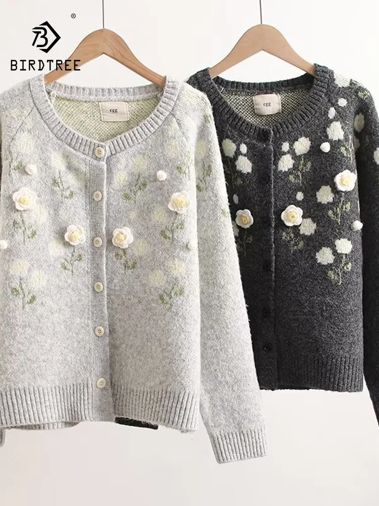 

Новый осенний свитер с длинными рукавами из смеси хлопка 2025, женский свободный вязаный кардиган с круглым вырезом и 3D цветочным принтом Mori Girl Sweet Commute C5O615CC