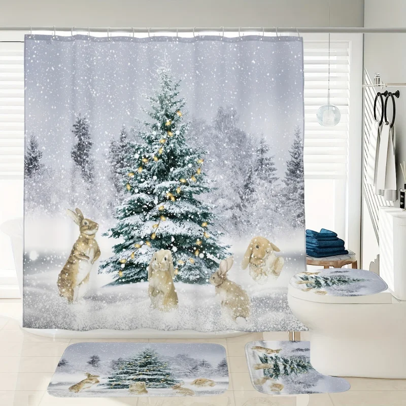 1pc Christmas tree Snow Rabbit, waterproof shower curtain, bathroom rug, U-shape mat, toilet lid