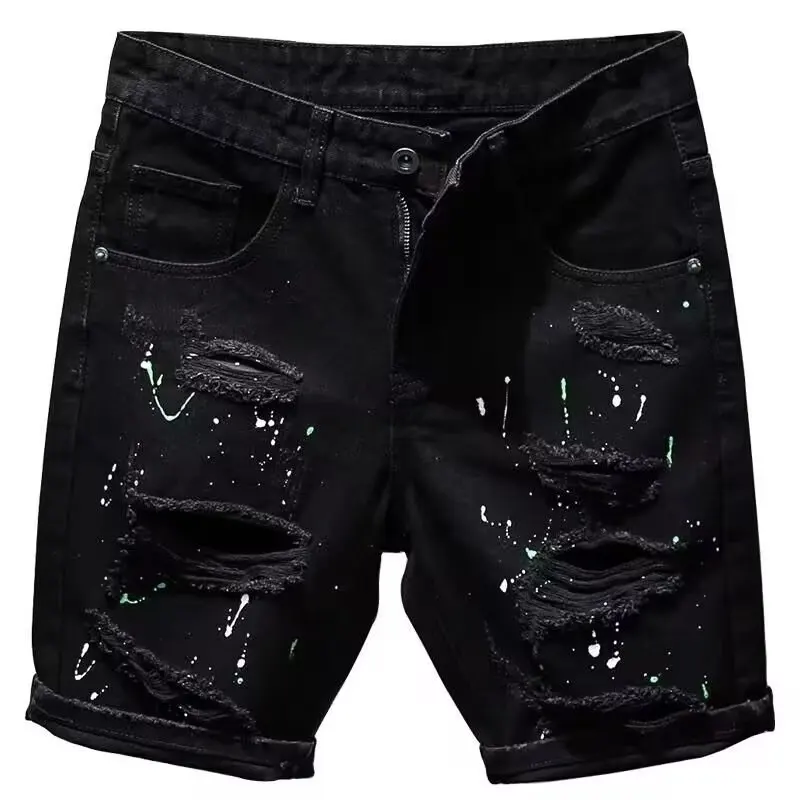 Summer Men's Black Denim Shorts Fashion Washable Elastic Slim Fit Five Point Middle Jeans Shorts