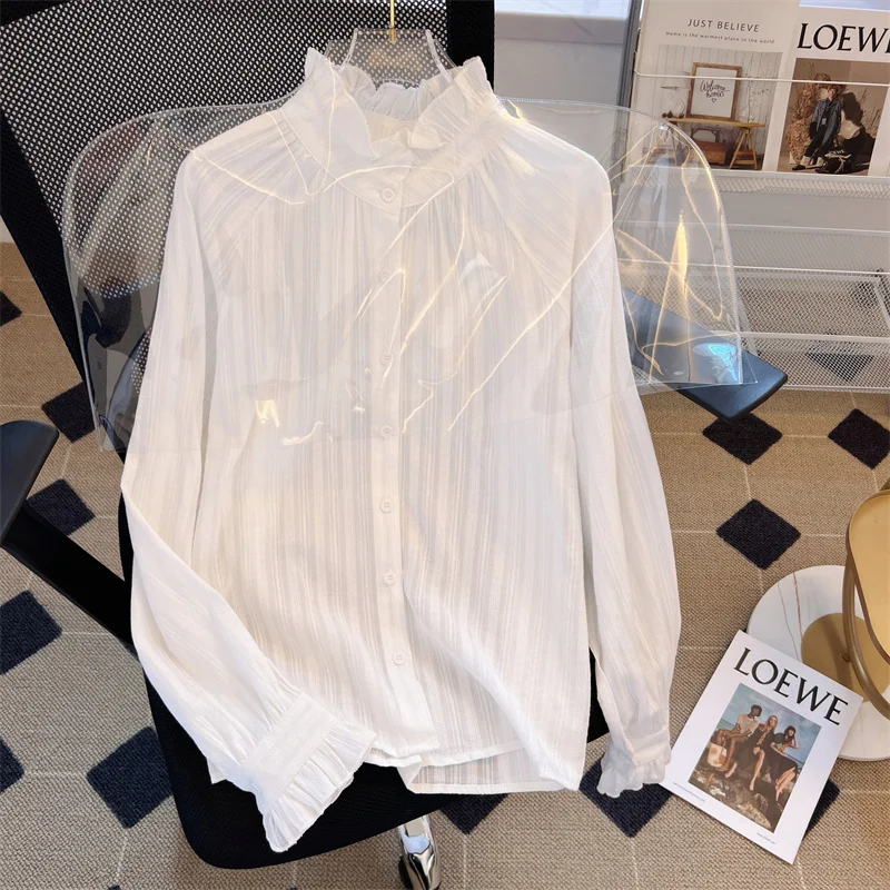 Women\'s Ruffled Blouse Autumn Simple White Long Sleeve Lotus Leaf Collar Casual Shirt Inner Bottoming Top Sweet Ladies Blouses