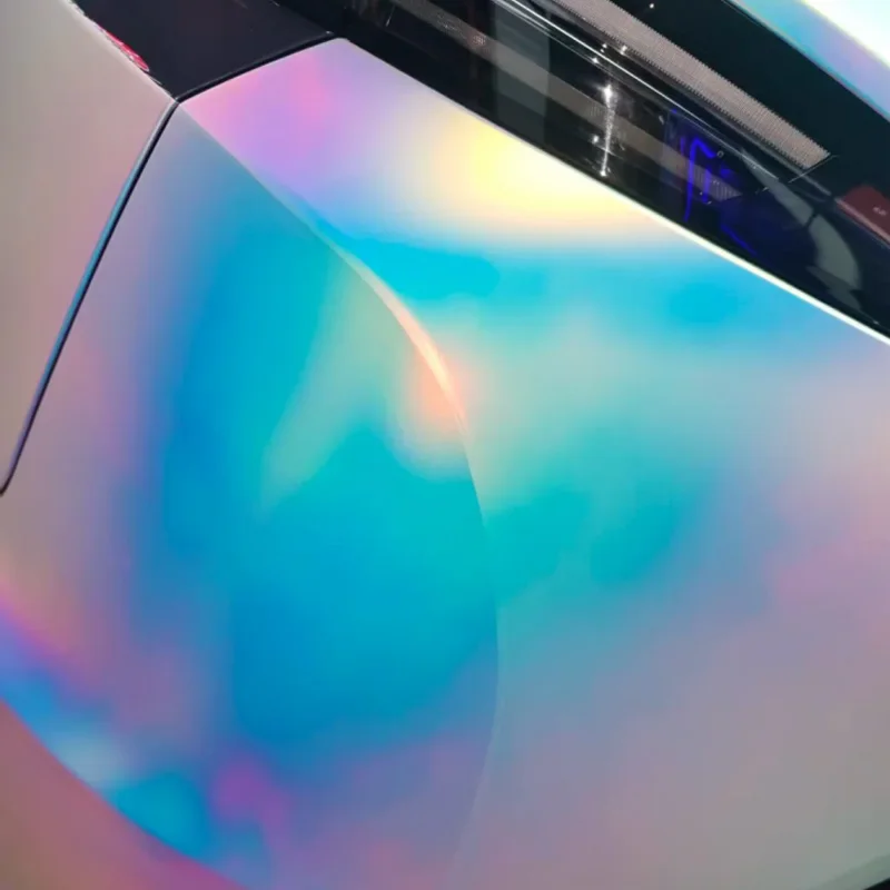 PET Iridescent Chrome Matte Rainbow White Vinyl Wrap Roll Self Adhesive Sticker Decal Air Release Motorcycle Car Wrapping Film view 6