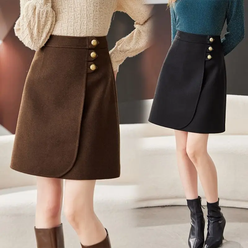 Temperament All-match Autumn Winter Woolen Women Solid High Waist Button Fashion Elegant Office Lady A-line Short Bag Hip Skirt