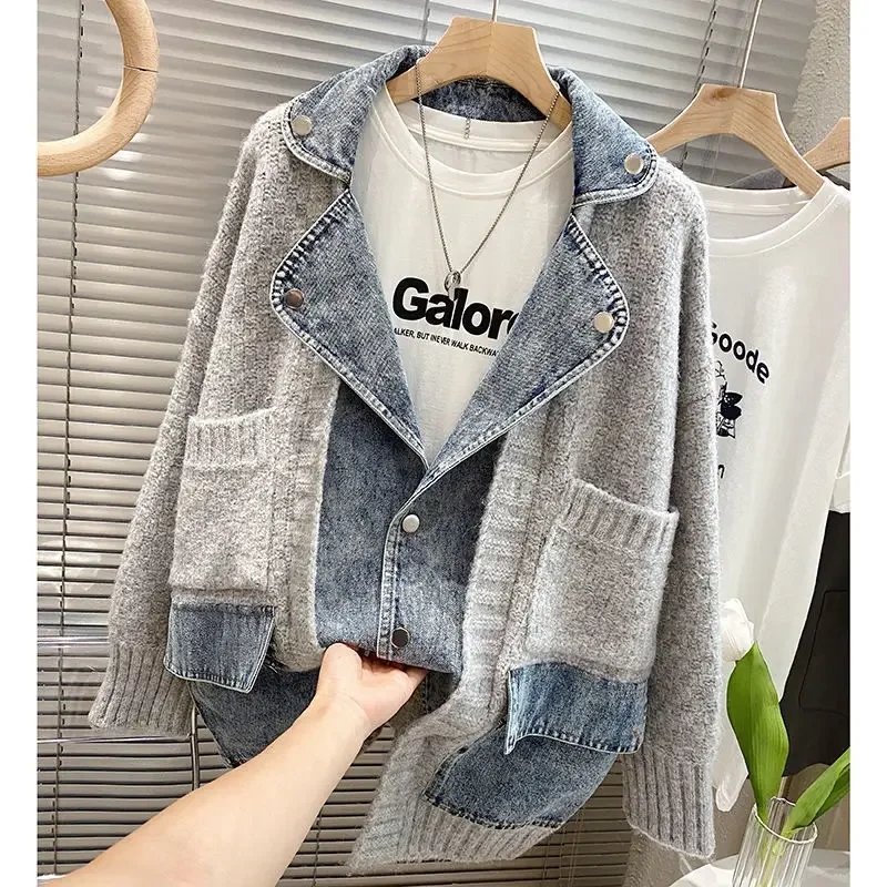 Women's Knitted Cardigan, Autumn and Winter, New Korean Version, Fashionable Personality, Retro Patchwork Denim Jacket