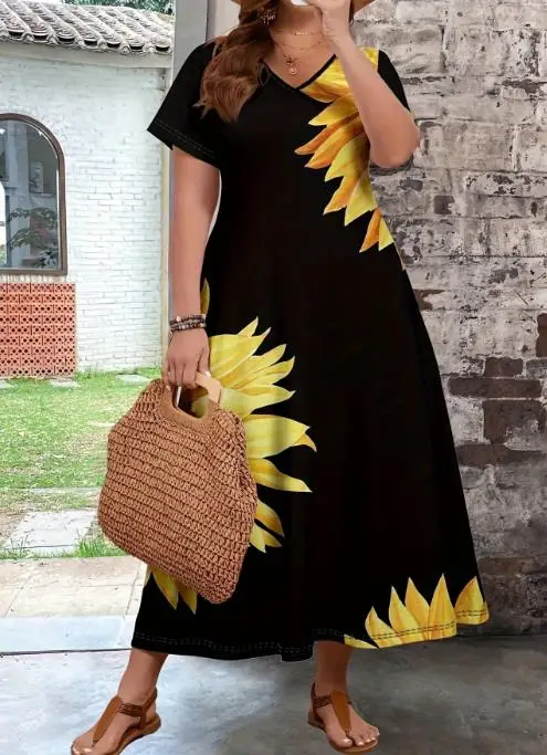 2025 A-lijnjurk met V-hals, zonnebloemprint, hoog getailleerde a-lijnjurk voor zomer, grote maten dames, elegante en casual losse jurk met korte mouwen