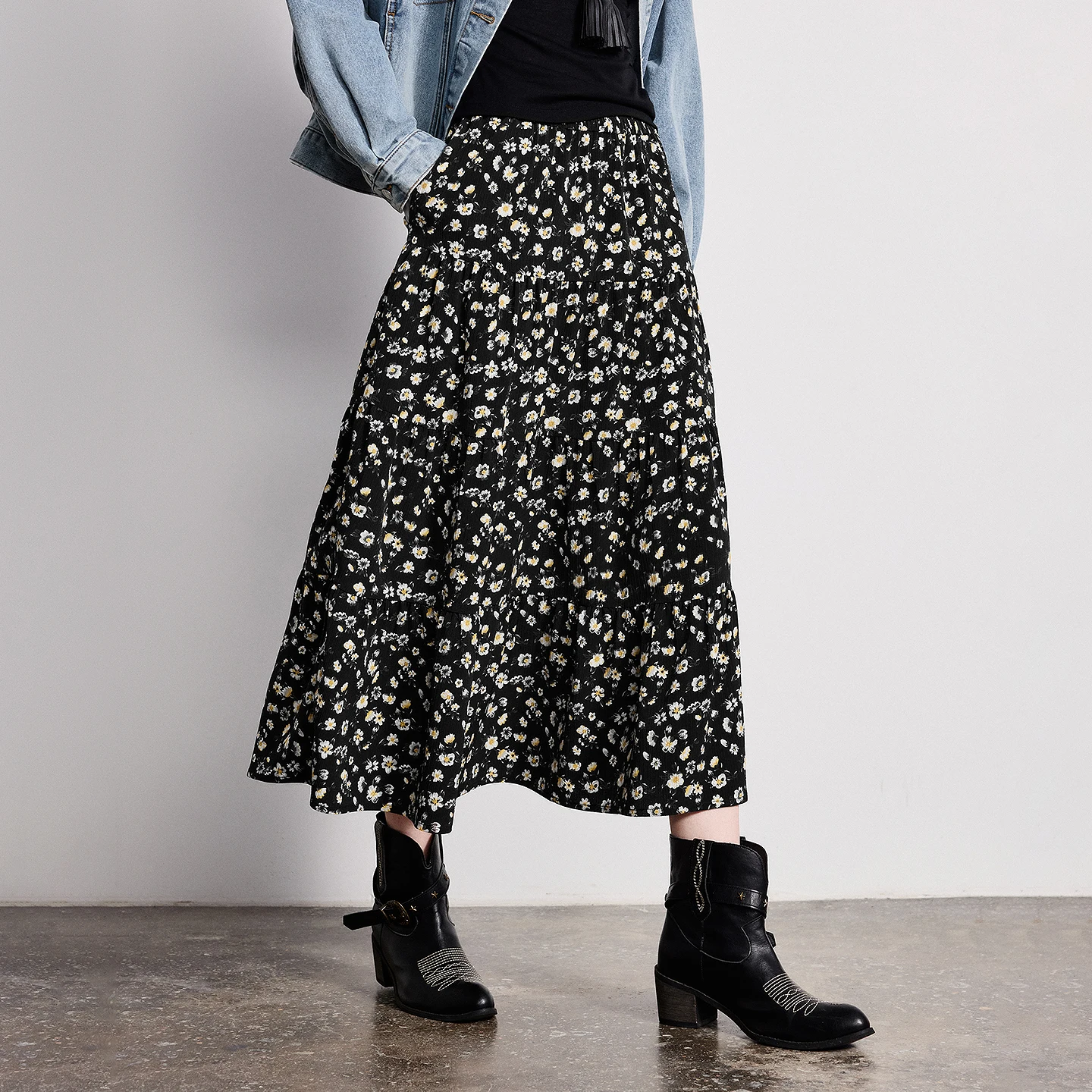 TOYOUTH Women Retro Floral Print Skirt 2026 Spring New Elastic Waist Tiered Patchwork Mini Skirt