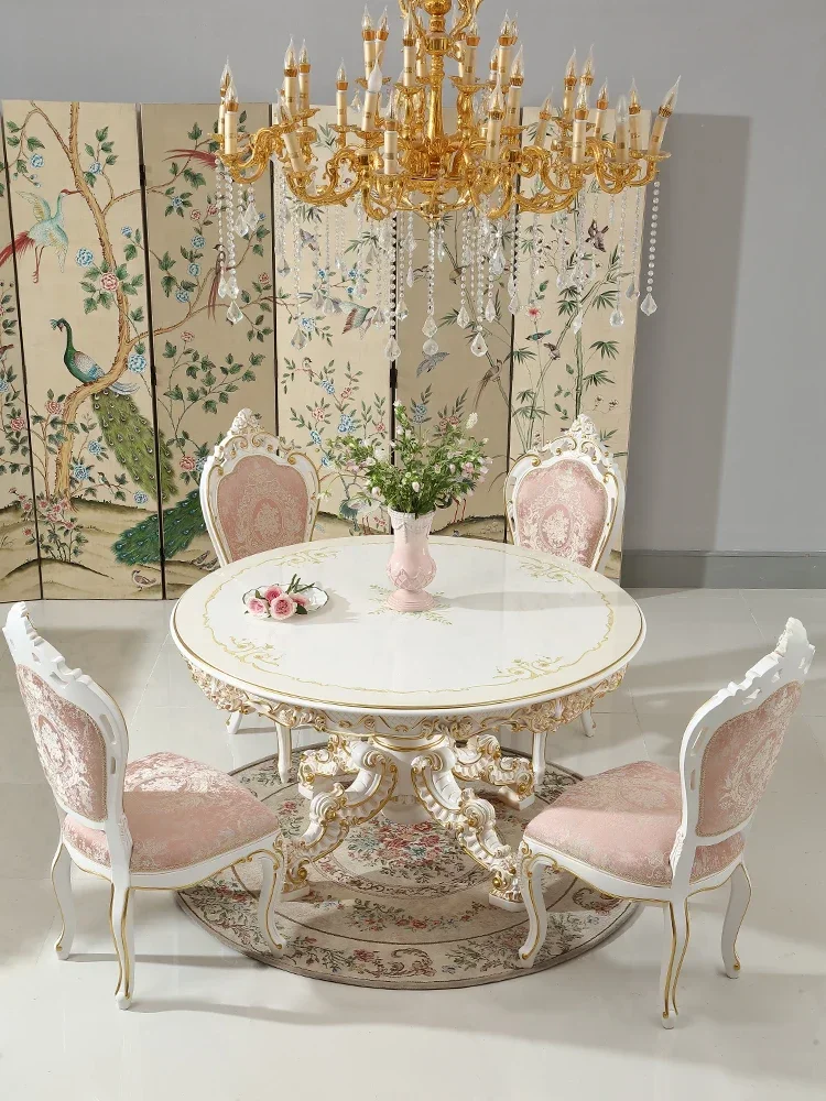 French pink round table and chair combination carved restaurant luxury furniture European solid wood can be customized