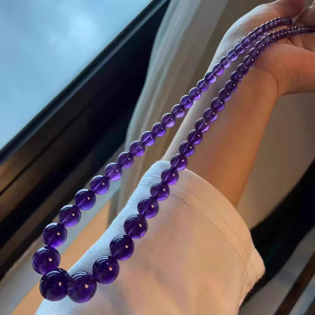 Natural Purple Amethyst Bead Necklace 5-10mm Round Beads Chain Pendant Natural Amethyst Necklace AAAAAA