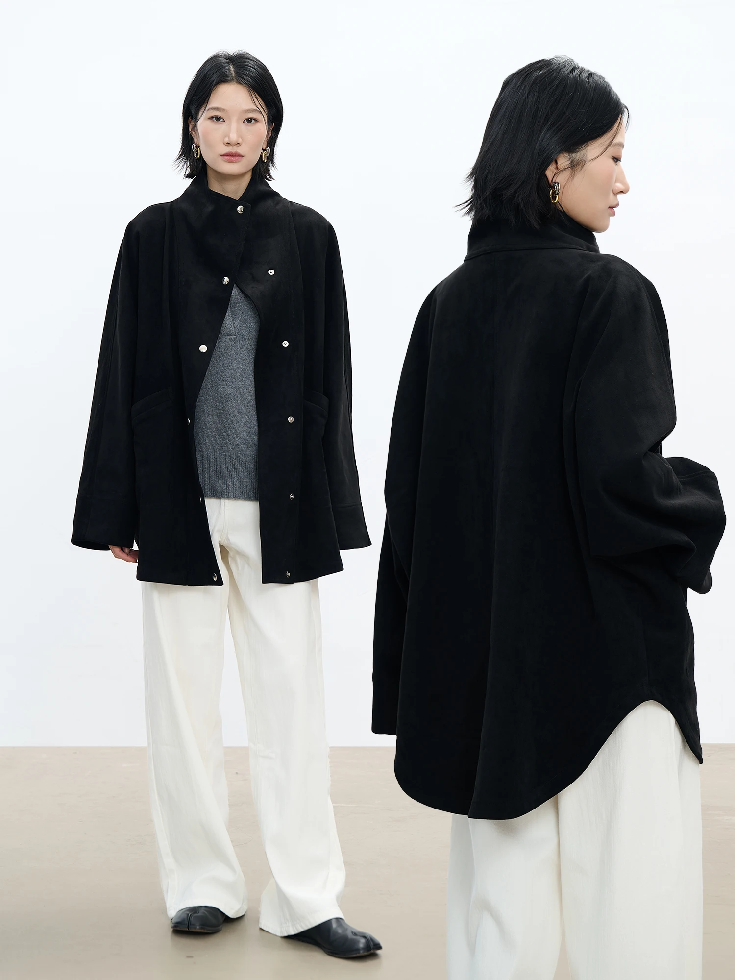 CE&MO Autumn Winter Premium Eco-Friendly Suede Batwing Sve Loose A-Line Workwear Jaet Leather Coat Women's Faion