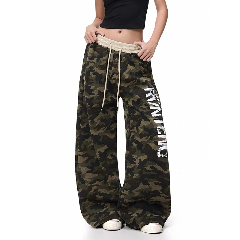 YIBASHU American Retro 90s High Street Letter Printed Camouflage Sports Pants Loose Hip-hop Jazz Dance Camouflage Wide Leg Pants