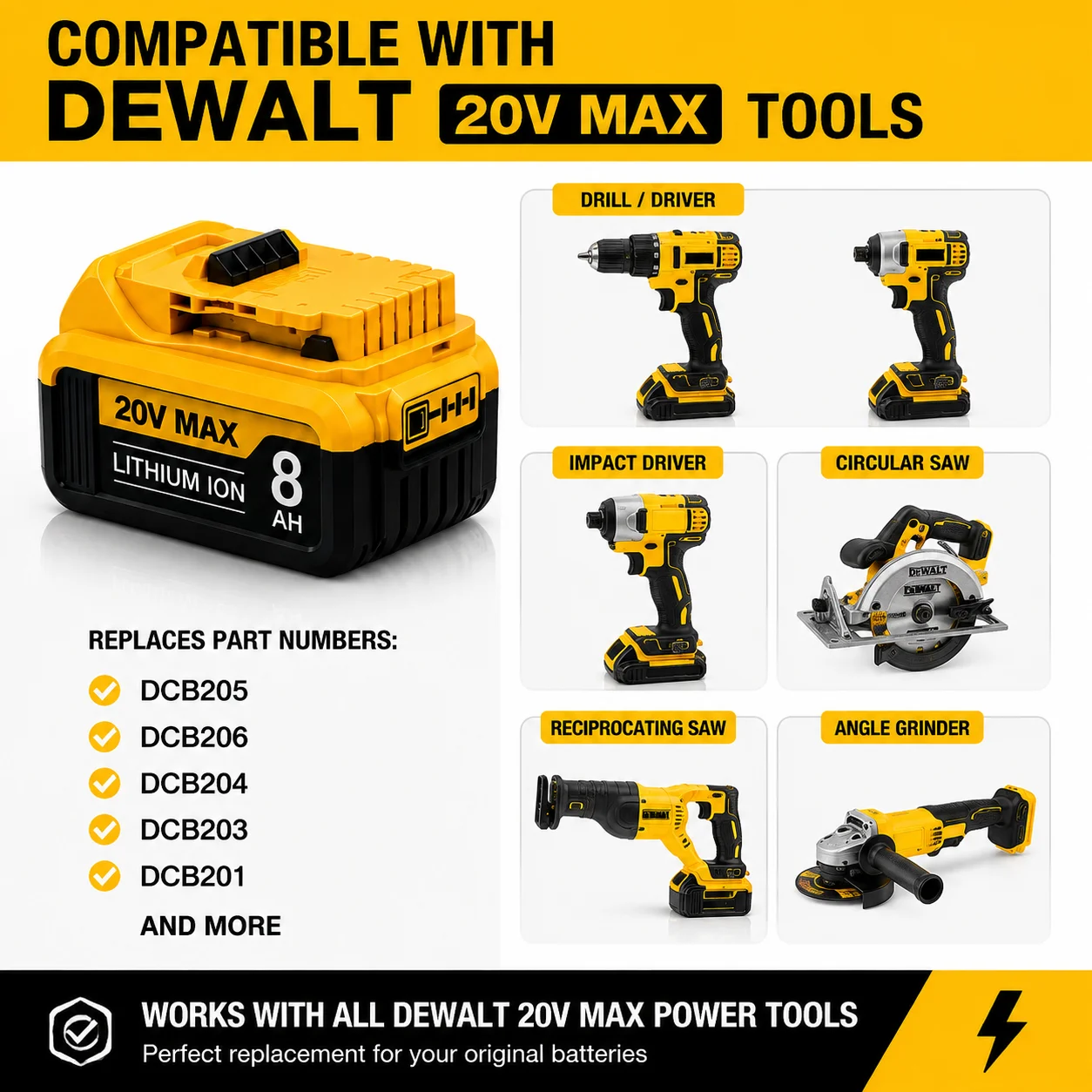 8.0Ah 20V MAX Replacement Battery for DEWALT, Compatible with DCB200 DCB205 DCB206 DCB208, Li-ion Rechargeable Battery Pack, US Local Warehouse