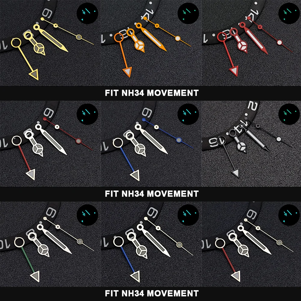 Blue Green Luminous NH34 GMT Watch Hands Set for NH34 Automatic Movement Watch Accessories Parts for Wristwatches Clock Hand