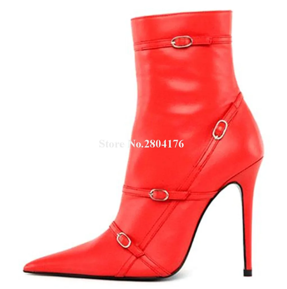 Fashion Straps Buckles Decorated Stiletto Heel Short Boots Pointed Toe Pink Red Blue Green Leather Thin Heel Ankle Booties