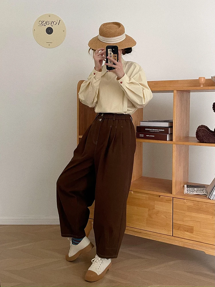 

Женские брюки-карго с высокой талией, прямые, осенние, 2023, новые, свободные, повседневные, широкие, в корейском стиле, 100% хлопок