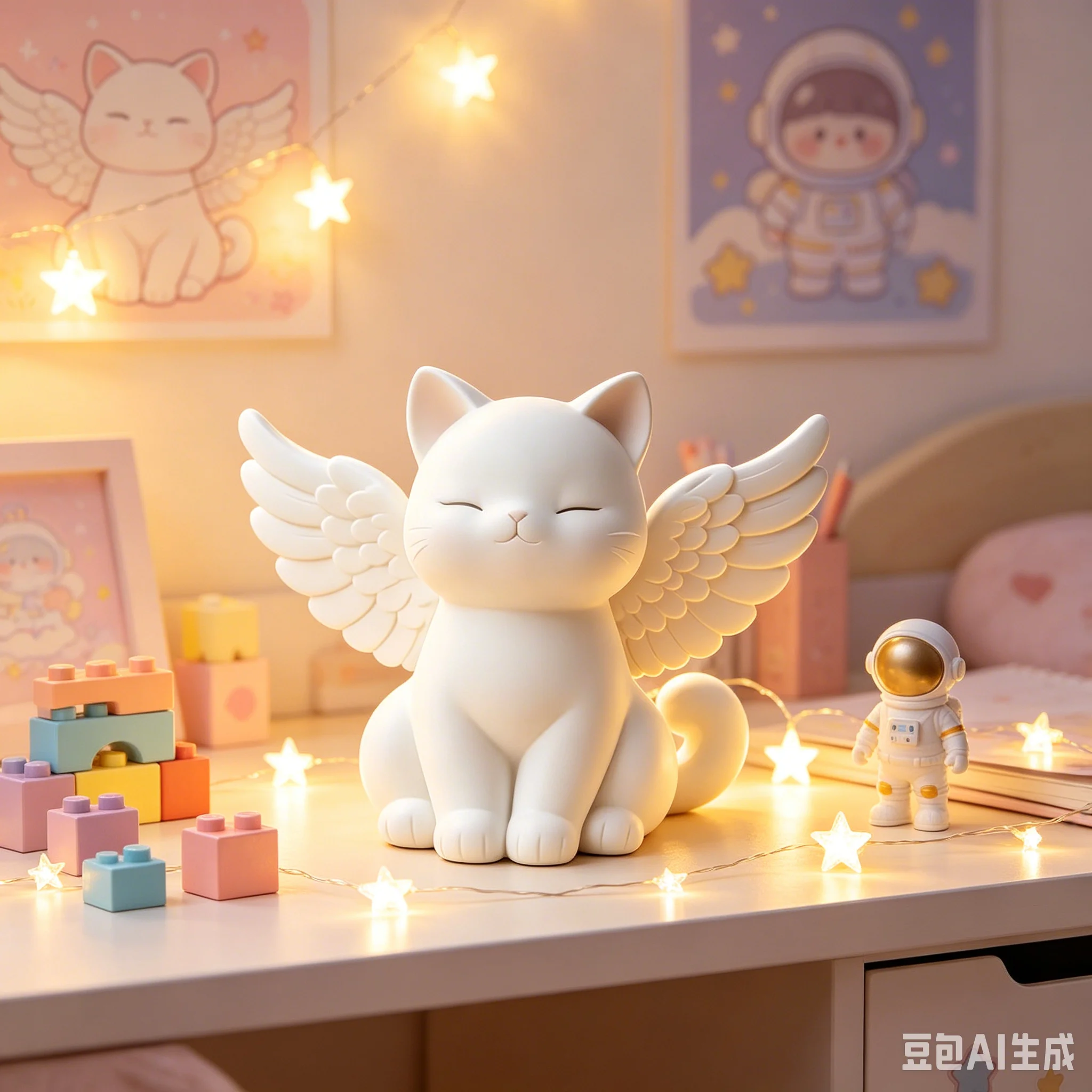 3D Printed Angel Wing Cat Figurine Cute Closed Eyes Kitten Statue Minimalist White Pet Sculpture Home Desktop Decor Ornament