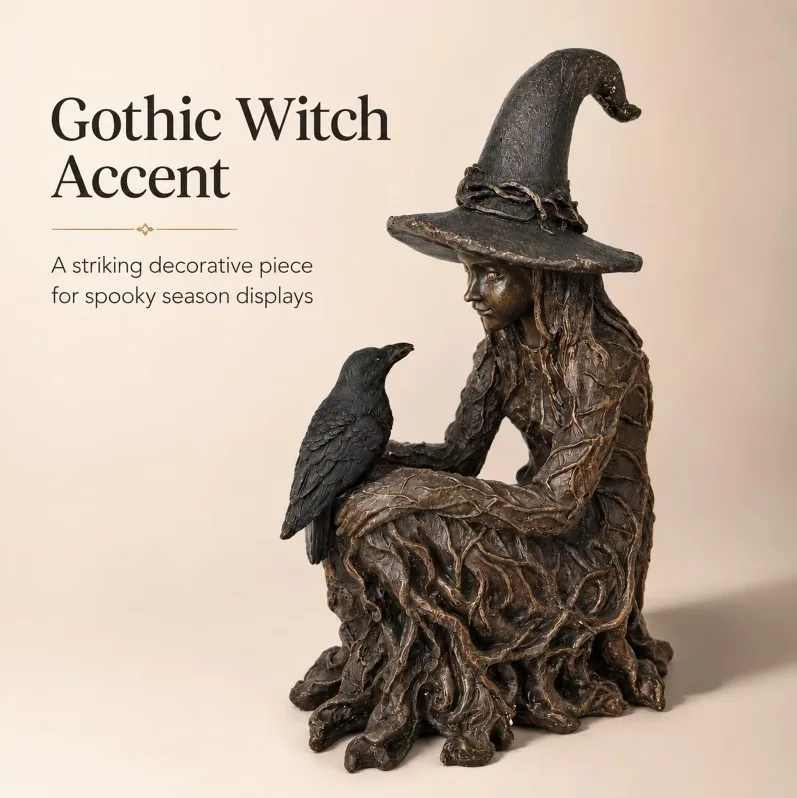 Resin Witch Figurine with Crow Dark Fantasy Enchanting Witch Statue Collectible Halloween Tree Ornament Home Desktop Decor Gift