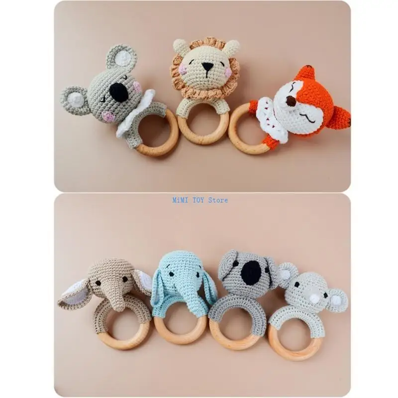 

24BE Baby Rattles Toy Wooden Teether Crochet Rattles Newborns Rattles Crochet Teether