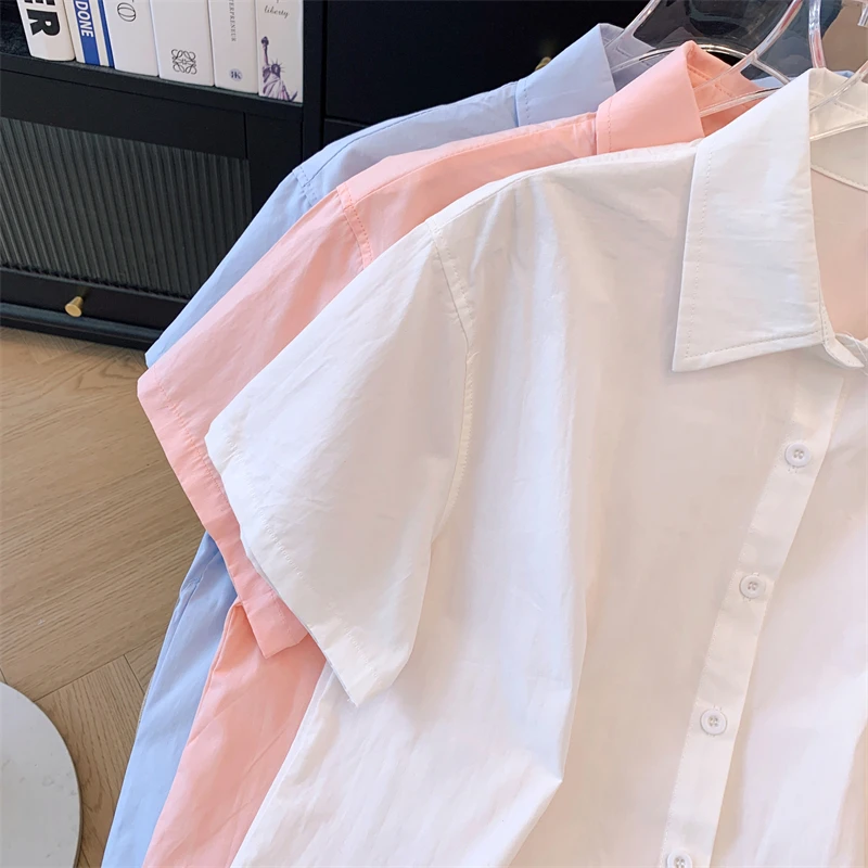 夏用コットン刺繍入りルーズフィットトップス レディース スイートスクール風 薄手カジュアルトップ 韓国風襟付き
