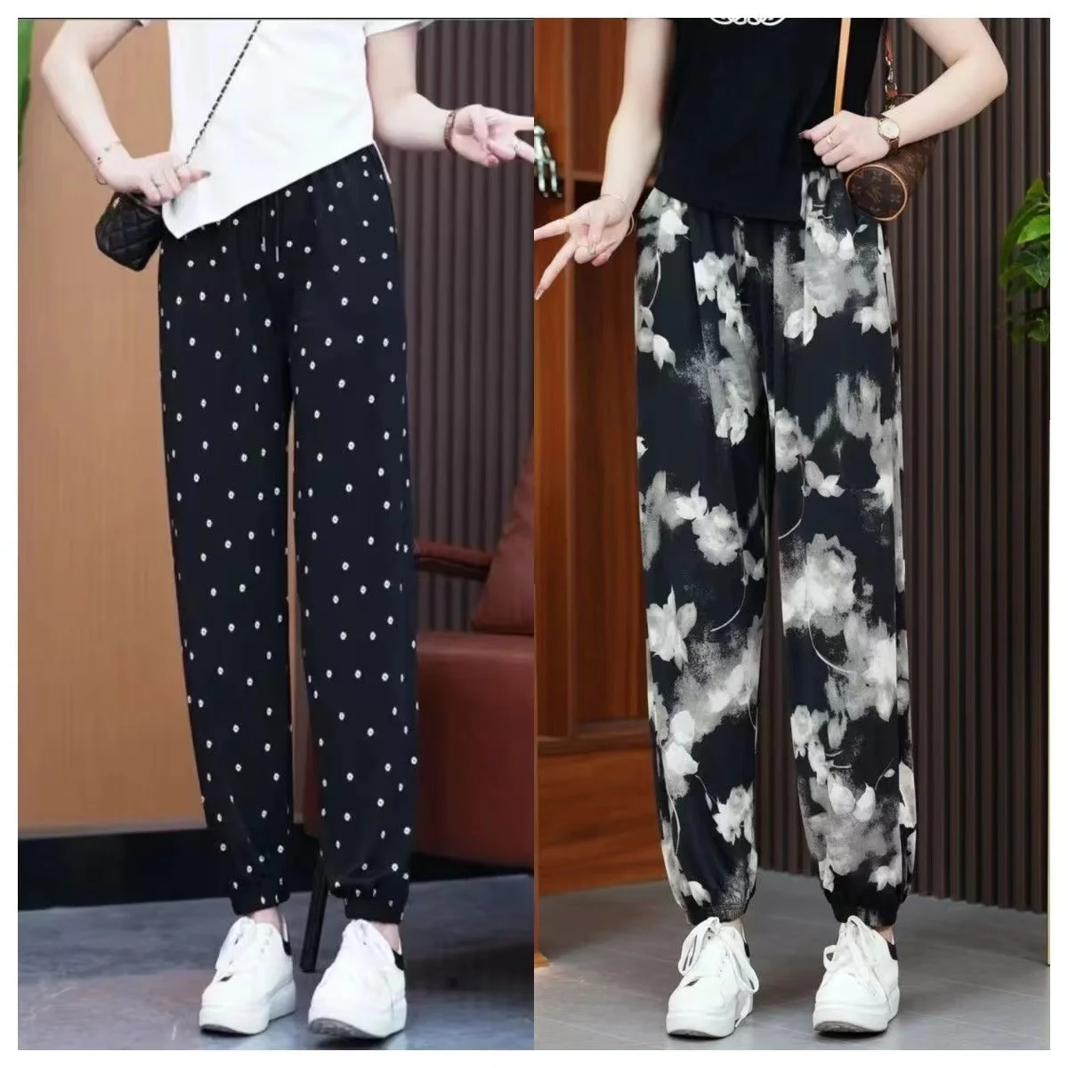 Women's Loose Fit Ice Silk Casual Pants with Pockets High Waist Nine Point Mosquito Resistant Cuffed Leisure Trousers