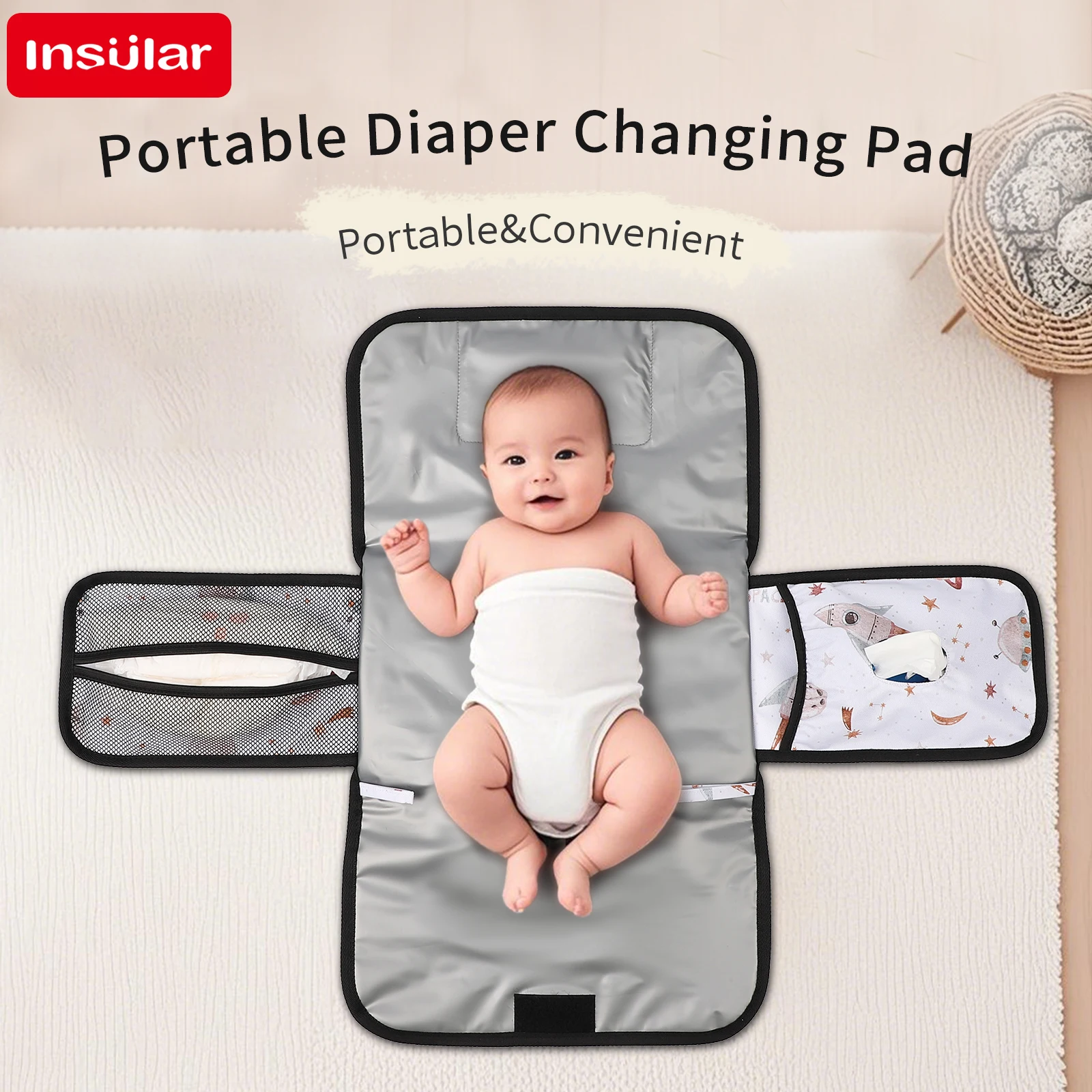 

INSULAR 3-слойный водонепроницаемый пеленальный коврик, складная моющаяся подушка для подгузников с упаковкой для хранения, многофункциональный уход за ребенком