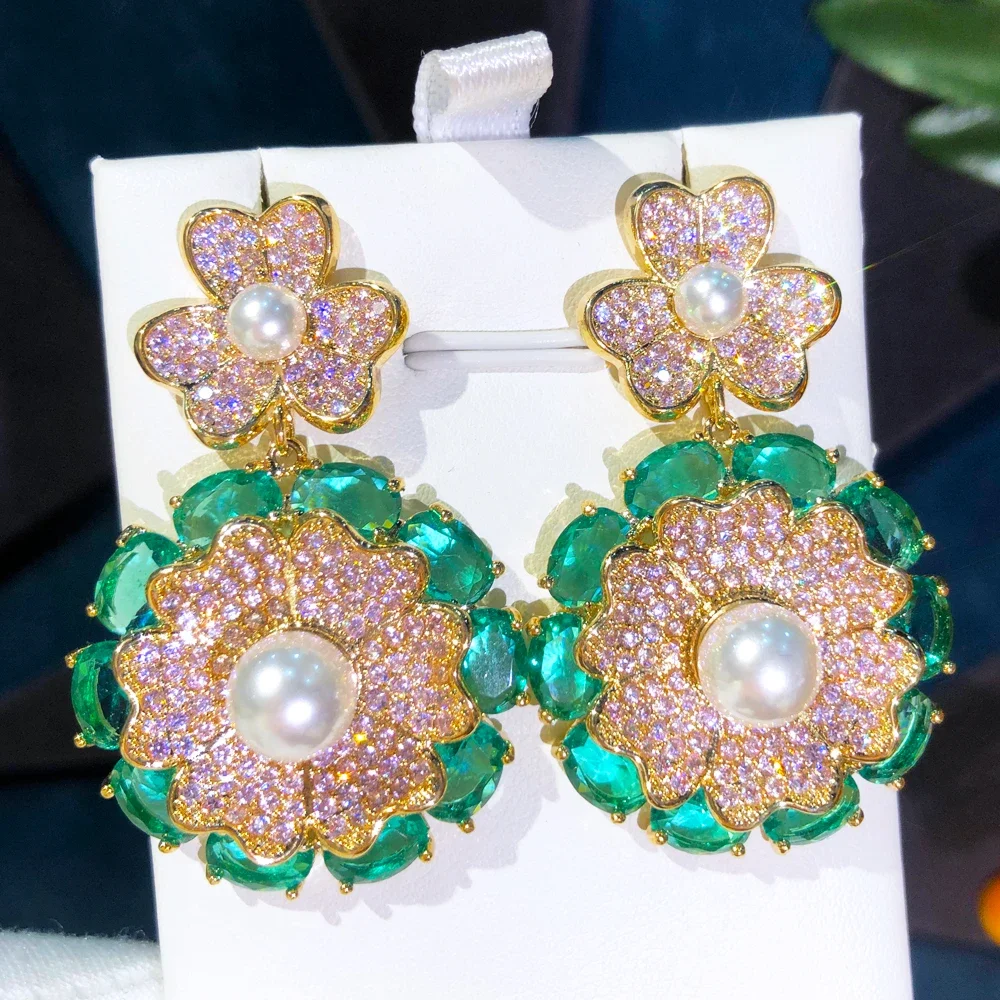 

Soramoore New Trendy Luxury Flower Pendant Earrings For Noble Women Bridal Wedding Daily Party Show Fashion Jewelry High Quality