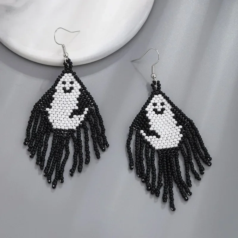 Rice bead earrings All Saints' Day Originality Play tricks Skull Ghost Hand knitting Tassel Bohemia Design Tide  Beaded earrings