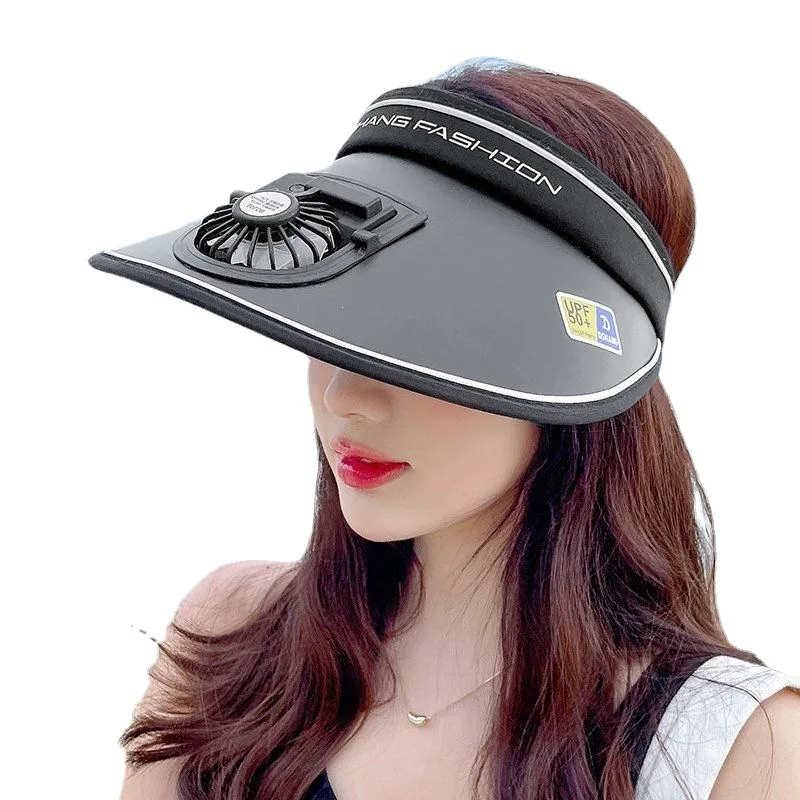 Sun Visor Women Hats with Fan-Three Temp Settings-Large Area Sun Protection Adjustable Elastic Buckle