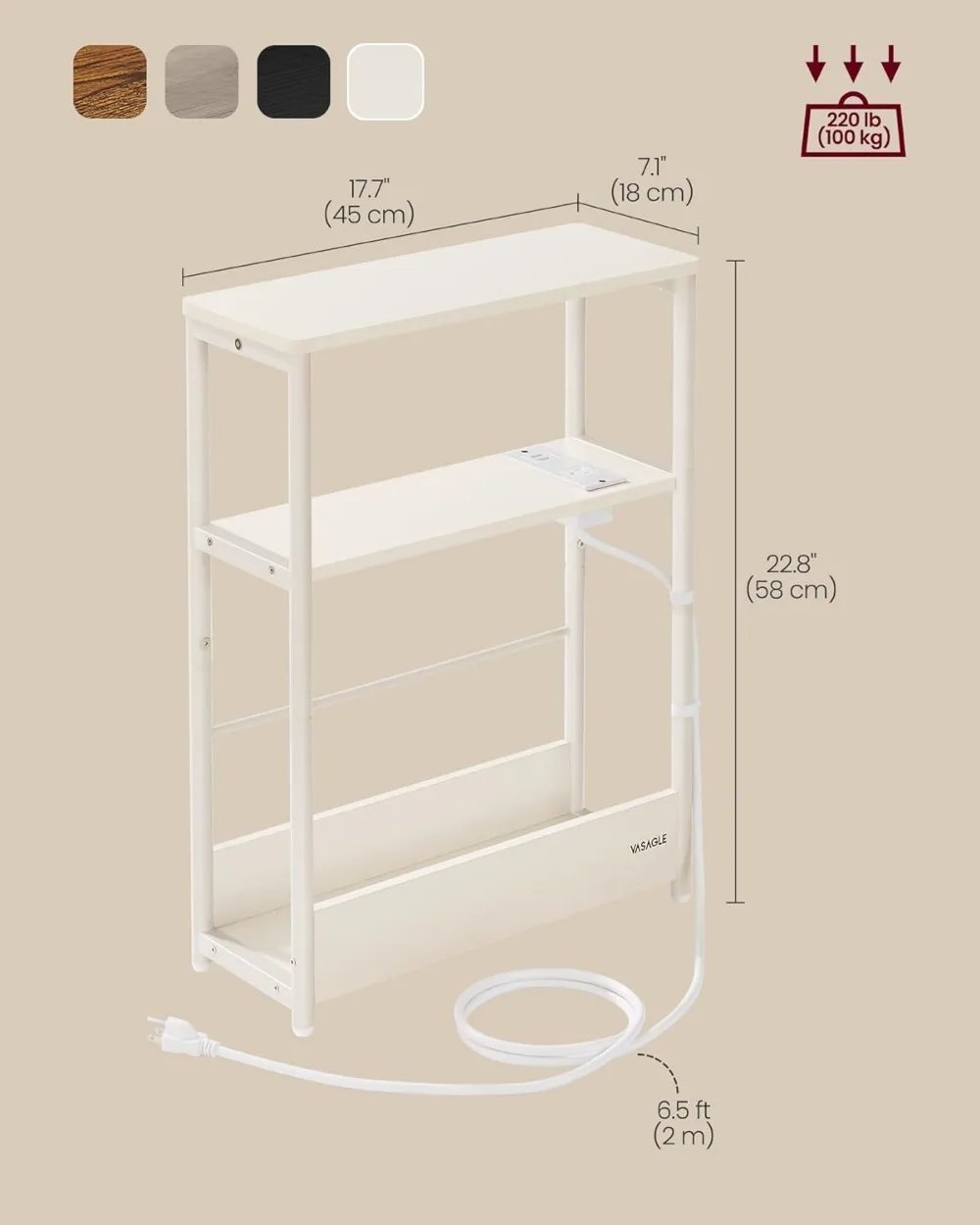 Compact Side Table with Charging Station, 3-Tier Nightstand for Small Spaces, Cream White