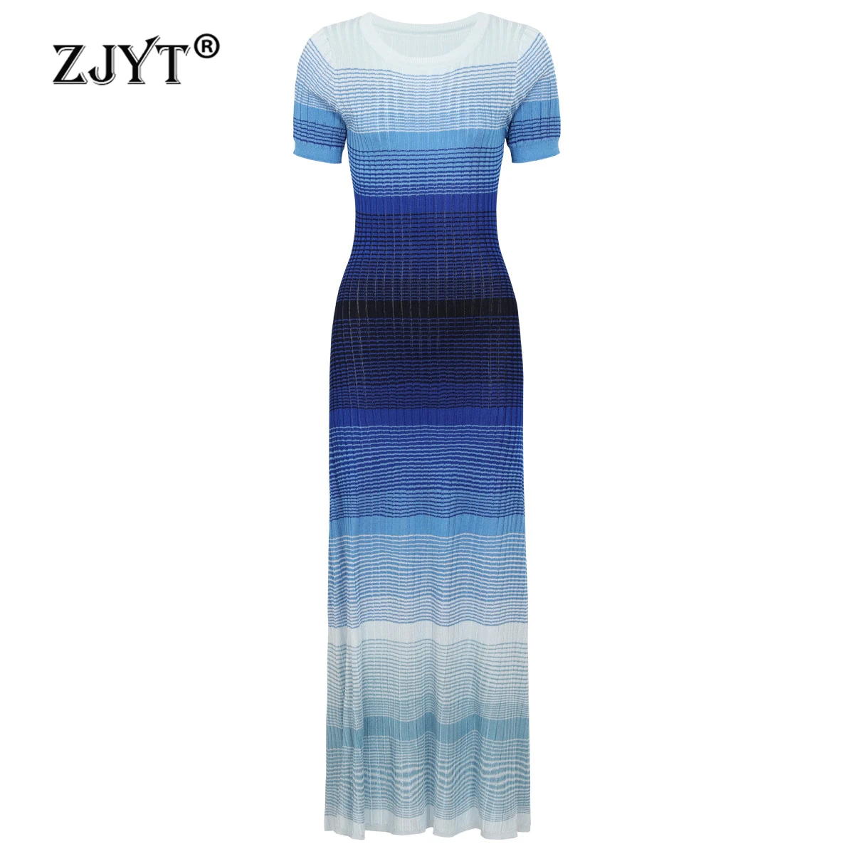 ZJYT Summer Women Fashion Long Knit Dress Gradient Color Short Sleeve Elegant Holiday Casual Dresses Blue Orange Vestidos Lady