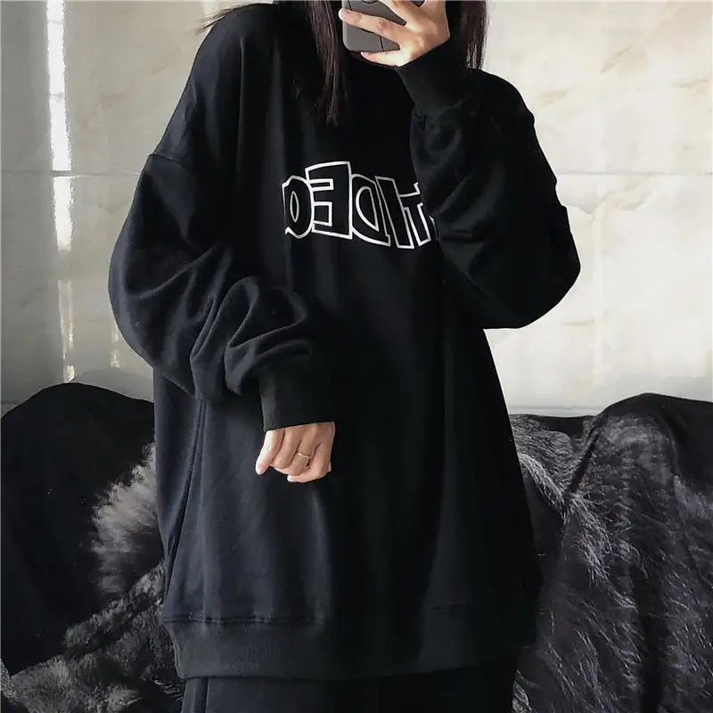 Lazy Style Print Letter Loose Hoodies Sweatshirts Spring Autumn Thin Solid Street Casual Pullovers Vintage Trend Women Clothing